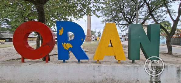 City name sign in Plaza Presidente Peron