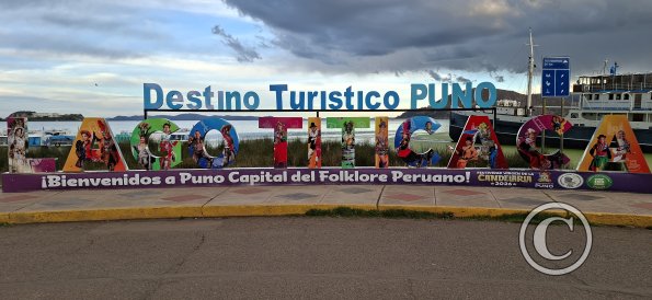 Lago Titicaca name sign at the pier