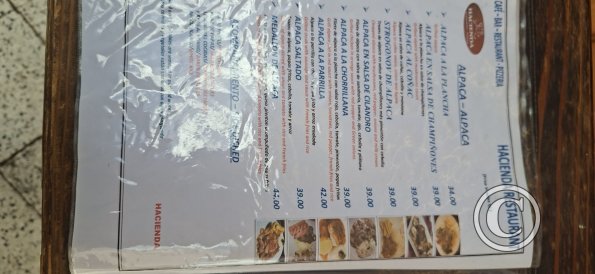 Menu of Alpaca options at a restaurant