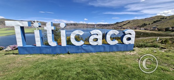 Titicaca name sign on Isla Esteves